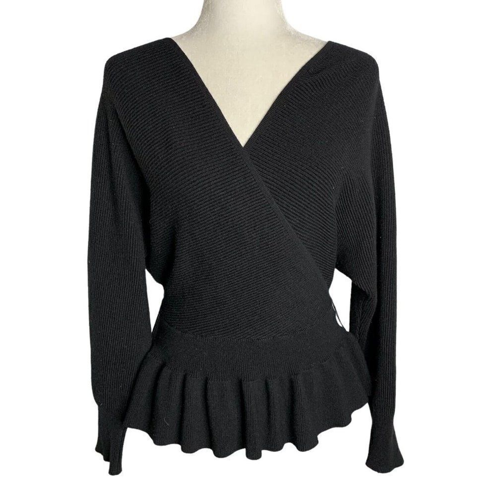 Ribbed Knit Batwing Wrap Sweater L Black V Neck Low Back Peplum Long Sleeves